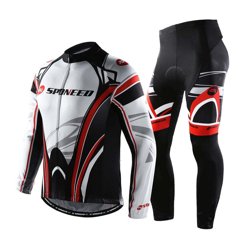 sponeed Men Kits for Cycling Tshirt Long Sleeve Full Zipper Biking Pants Padding Bicycle Clothing Ride Wear US M White Red - Image 1
